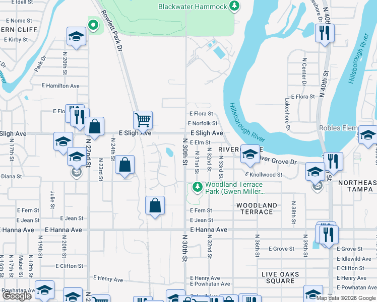 map of restaurants, bars, coffee shops, grocery stores, and more near 6705 North 30th Street in Tampa