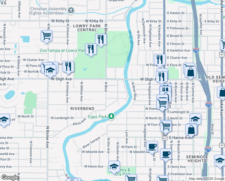 map of restaurants, bars, coffee shops, grocery stores, and more near 811 West Hiawatha Street in Tampa