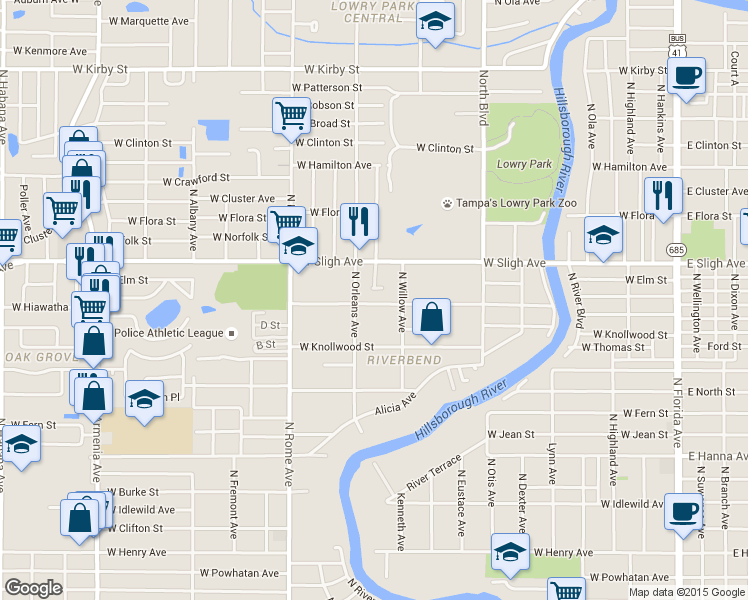 map of restaurants, bars, coffee shops, grocery stores, and more near 6805 North Orleans Avenue in Tampa