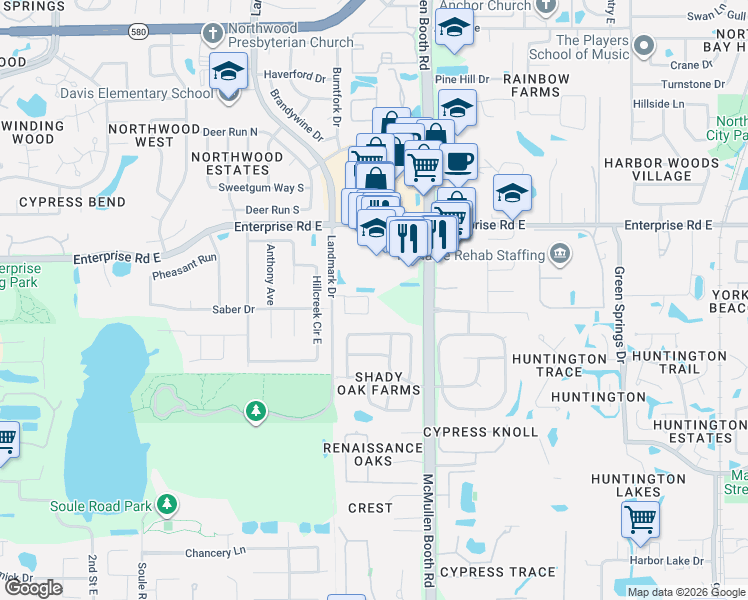 map of restaurants, bars, coffee shops, grocery stores, and more near 3026 Oakbrook Circle in Clearwater