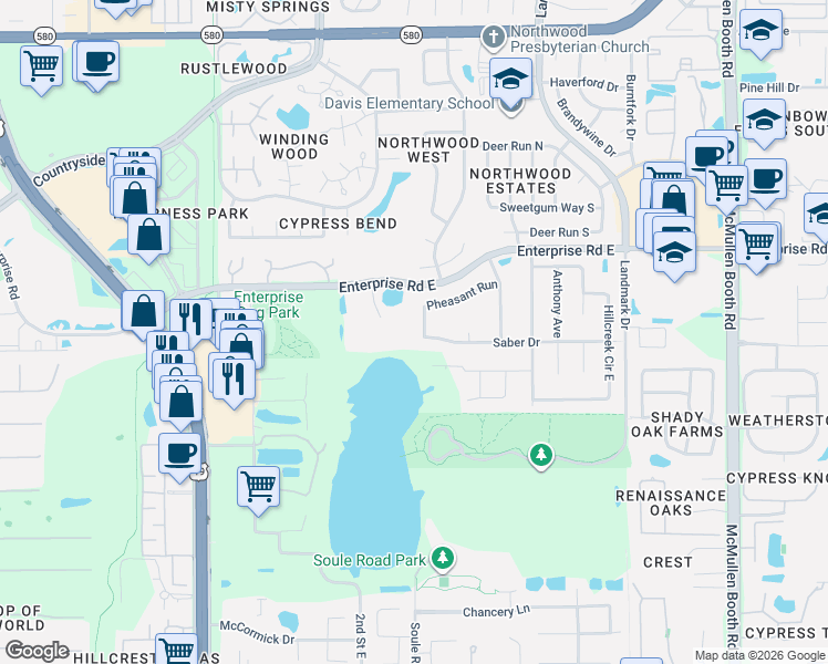 map of restaurants, bars, coffee shops, grocery stores, and more near 31 Enterprise Road East in Clearwater