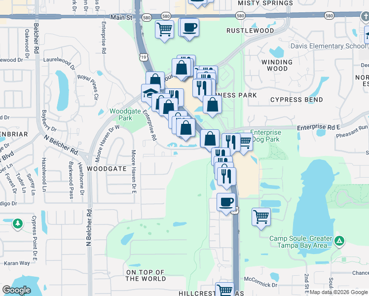 map of restaurants, bars, coffee shops, grocery stores, and more near 2424 Enterprise Rd in Clearwater