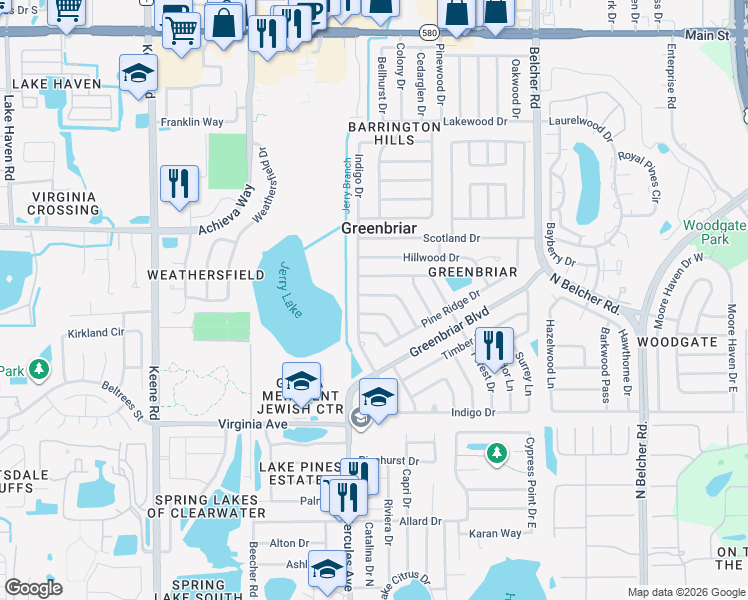 map of restaurants, bars, coffee shops, grocery stores, and more near 2026 High Ridge Drive in Clearwater
