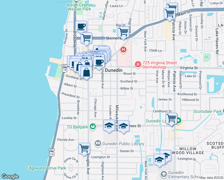 map of restaurants, bars, coffee shops, grocery stores, and more near 634 Louden Avenue in Dunedin