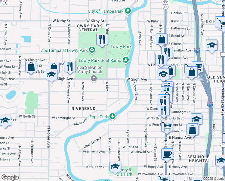 map of restaurants, bars, coffee shops, grocery stores, and more near 811 West Hiawatha Street in Tampa