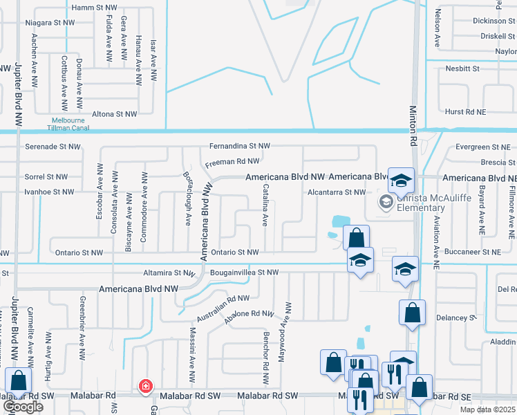 map of restaurants, bars, coffee shops, grocery stores, and more near 407 Albenga Road Northwest in Palm Bay