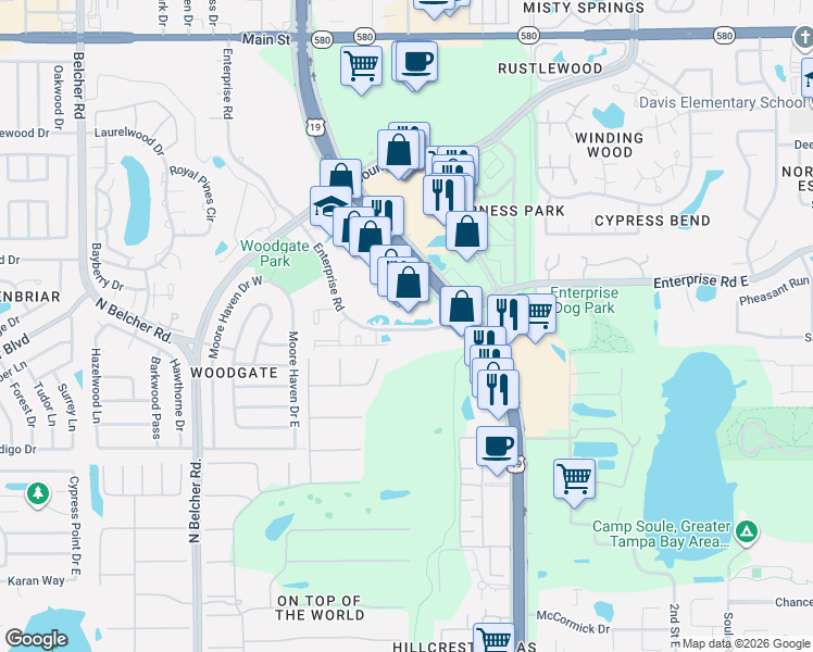 map of restaurants, bars, coffee shops, grocery stores, and more near 2424 Enterprise Rd in Clearwater