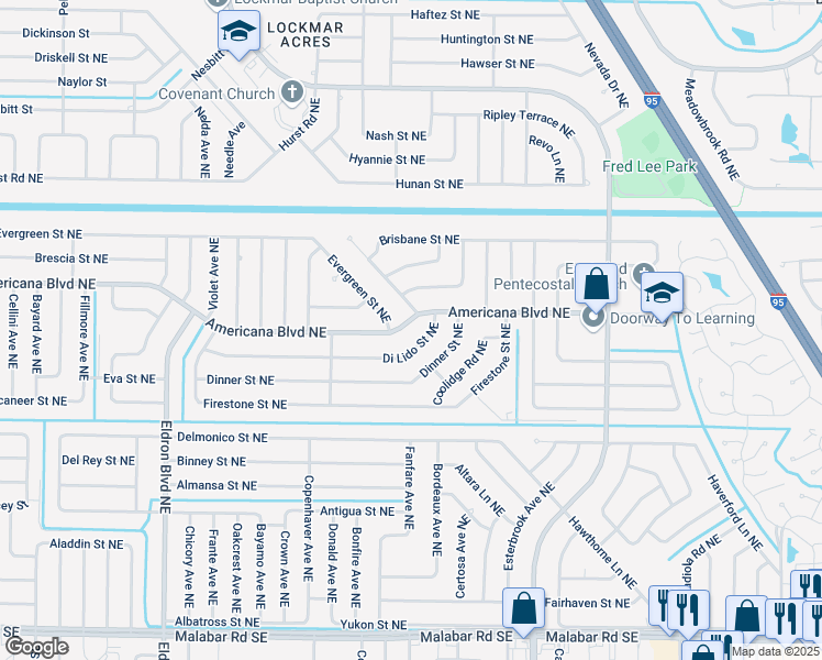 map of restaurants, bars, coffee shops, grocery stores, and more near 682 Americana Boulevard Northeast in Palm Bay