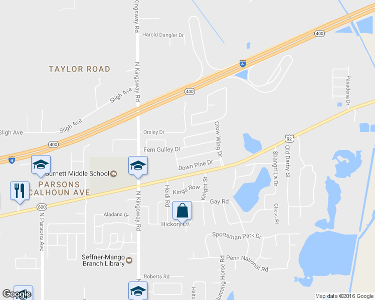 map of restaurants, bars, coffee shops, grocery stores, and more near 401 Fern Gulley Drive in Seffner