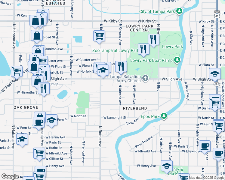 map of restaurants, bars, coffee shops, grocery stores, and more near 1513 West Hiawatha Street in Tampa