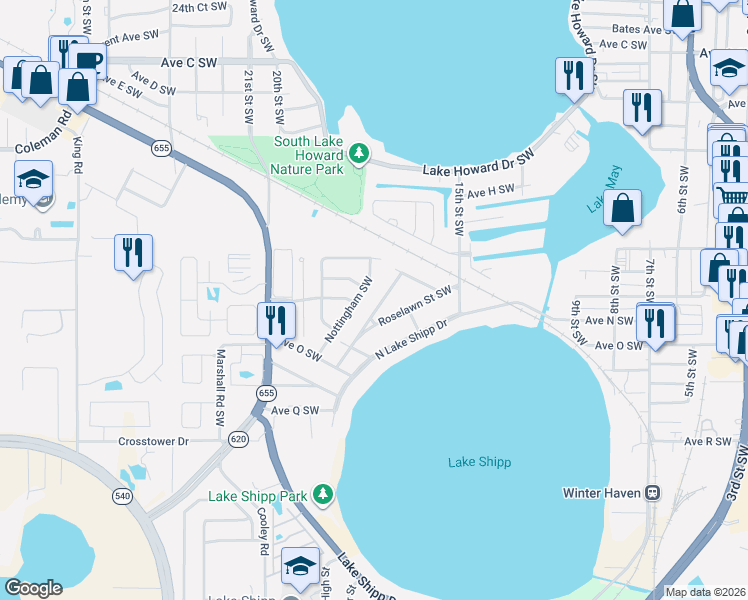 map of restaurants, bars, coffee shops, grocery stores, and more near 1828 Nottingham Southwest in Winter Haven