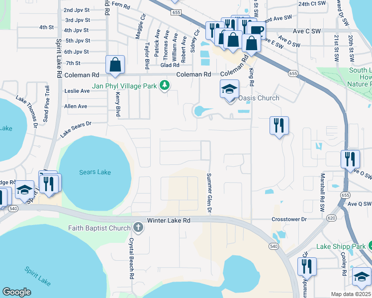 map of restaurants, bars, coffee shops, grocery stores, and more near 1316 Coventry Court in Winter Haven