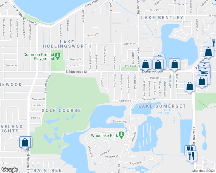 map of restaurants, bars, coffee shops, grocery stores, and more near 3001 Warrington Avenue in Lakeland