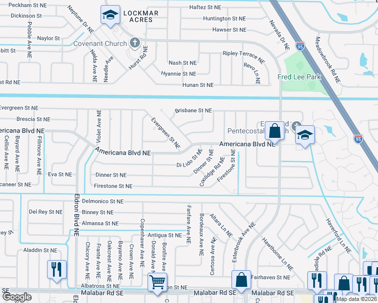 map of restaurants, bars, coffee shops, grocery stores, and more near 682 Americana Boulevard Northeast in Palm Bay