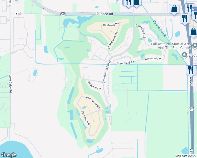 map of restaurants, bars, coffee shops, grocery stores, and more near 1407 Eagle Pond Drive in Winter Haven