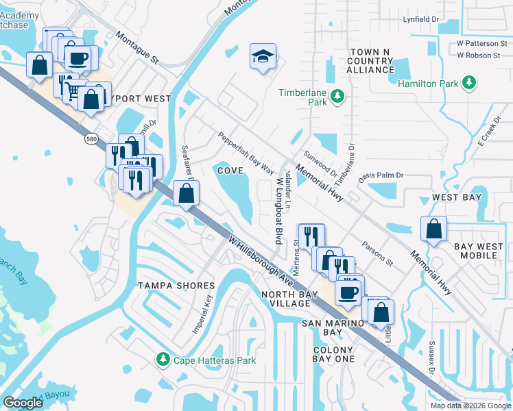 map of restaurants, bars, coffee shops, grocery stores, and more near 6606 Ranger Drive in Tampa