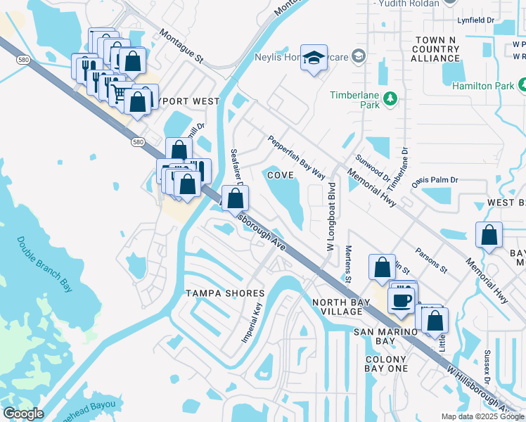 map of restaurants, bars, coffee shops, grocery stores, and more near 6515 Seafairer Drive in Tampa