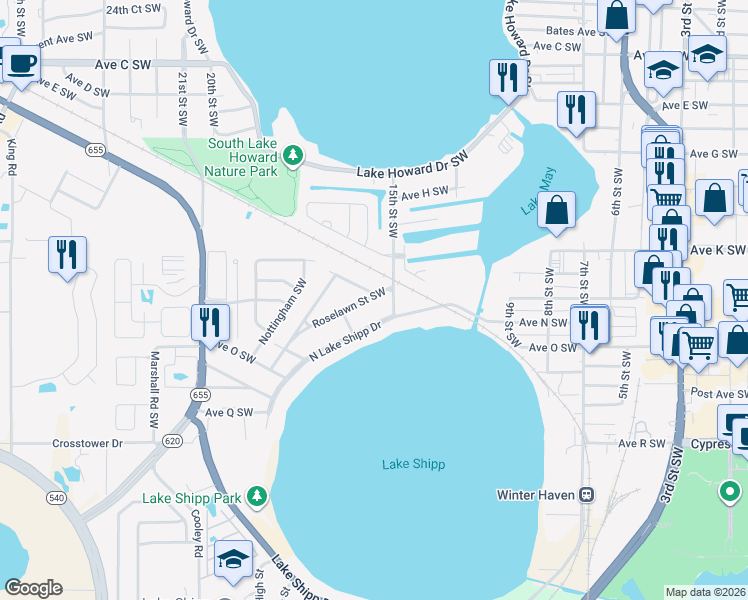 map of restaurants, bars, coffee shops, grocery stores, and more near 1532 Roselawn Street Southwest in Winter Haven