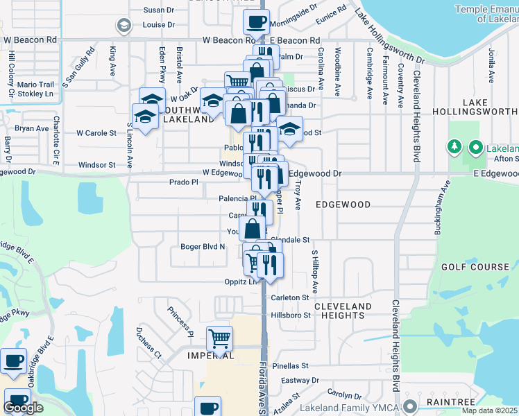 map of restaurants, bars, coffee shops, grocery stores, and more near 2939 Florida Avenue South in Lakeland