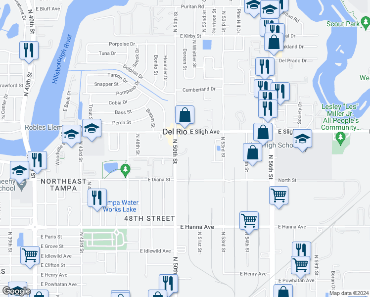 map of restaurants, bars, coffee shops, grocery stores, and more near 6601 North 50th Street in Tampa