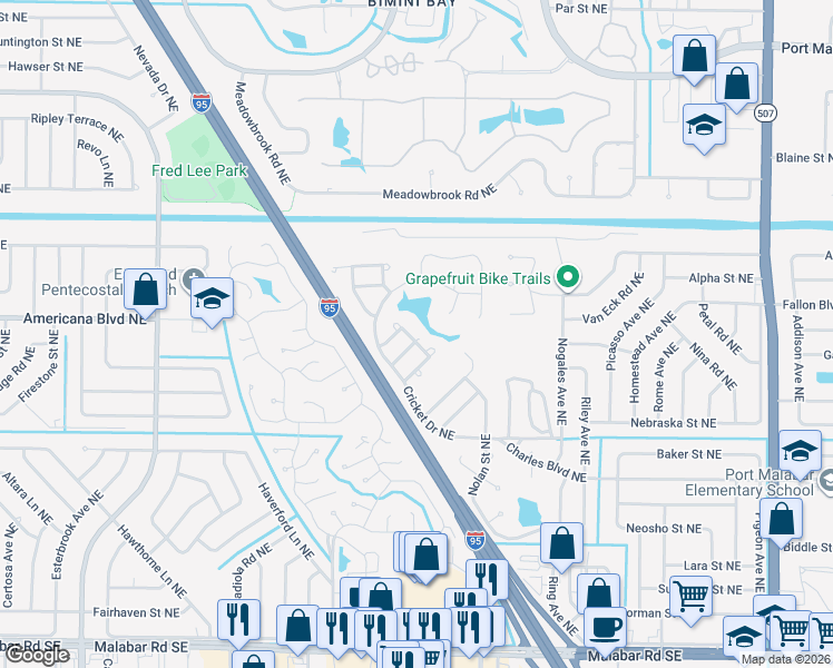 map of restaurants, bars, coffee shops, grocery stores, and more near 1239 Linmoor Circle Northeast in Palm Bay