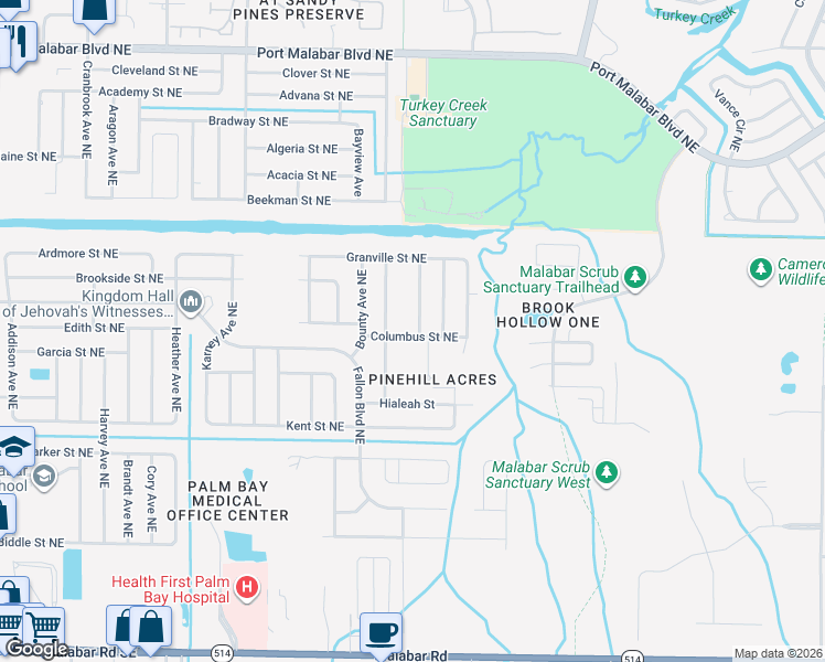 map of restaurants, bars, coffee shops, grocery stores, and more near 500 California Ave NE in Palm Bay