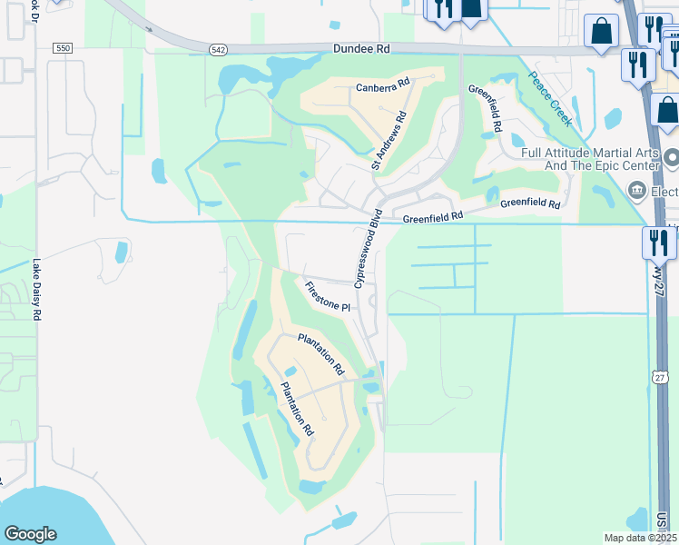 map of restaurants, bars, coffee shops, grocery stores, and more near 1407 Eagle Pond Drive in Winter Haven