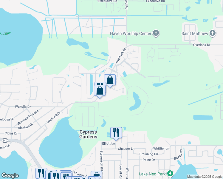 map of restaurants, bars, coffee shops, grocery stores, and more near 800 Martinique Drive in Winter Haven