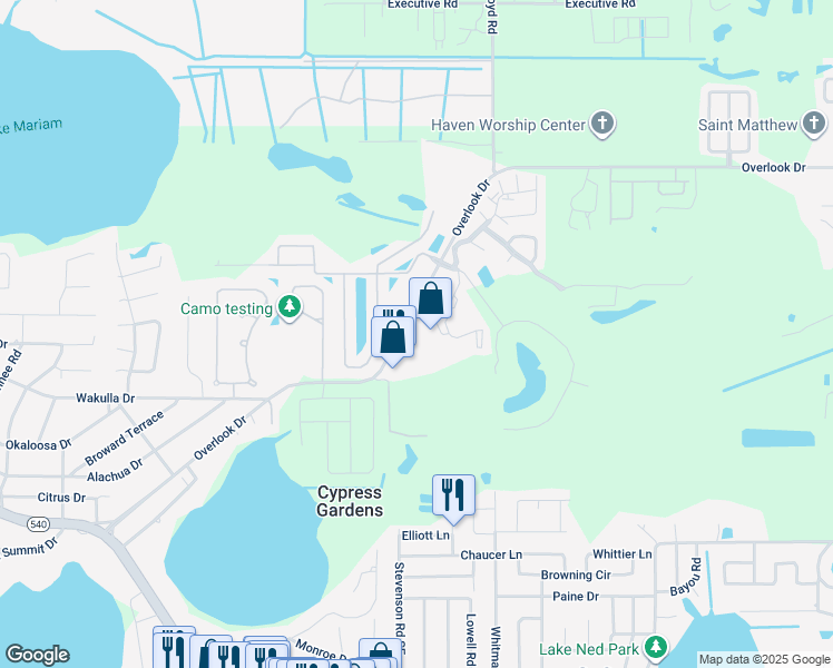 map of restaurants, bars, coffee shops, grocery stores, and more near 700 Overlook Drive in Winter Haven