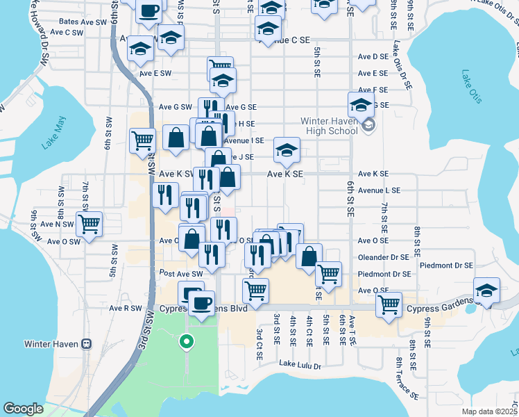 map of restaurants, bars, coffee shops, grocery stores, and more near 200 Avenue K Southeast in Winter Haven