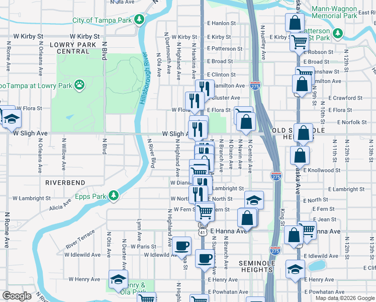 map of restaurants, bars, coffee shops, grocery stores, and more near 117 West Hiawatha Street in Tampa