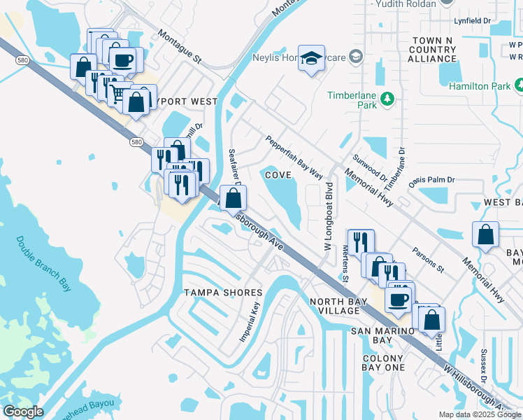 map of restaurants, bars, coffee shops, grocery stores, and more near 6515 Seafairer Drive in Tampa
