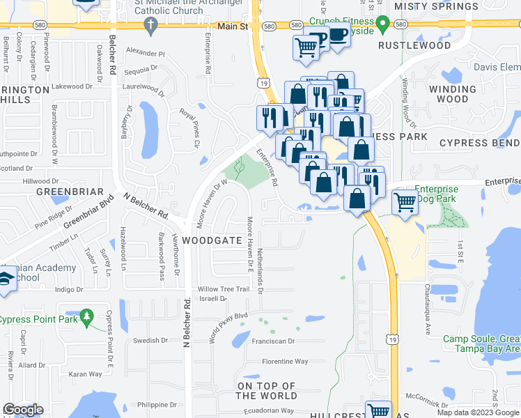 map of restaurants, bars, coffee shops, grocery stores, and more near 2450 Moore Haven Drive East in Clearwater