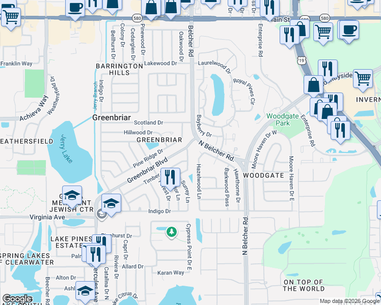 map of restaurants, bars, coffee shops, grocery stores, and more near 2167 Greenbriar Boulevard in Clearwater