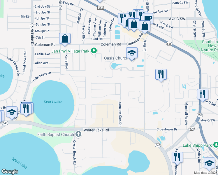 map of restaurants, bars, coffee shops, grocery stores, and more near 1316 Coventry Court in Winter Haven