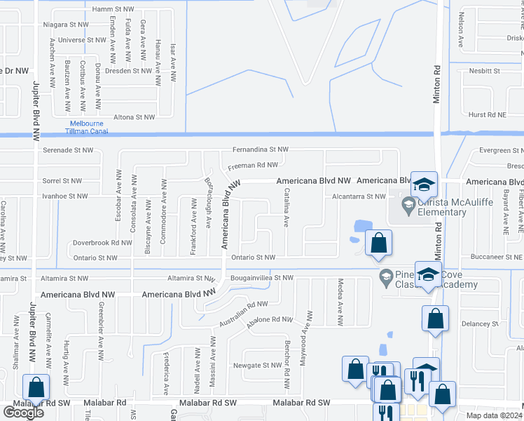 map of restaurants, bars, coffee shops, grocery stores, and more near 427 Albenga Road Northwest in Palm Bay