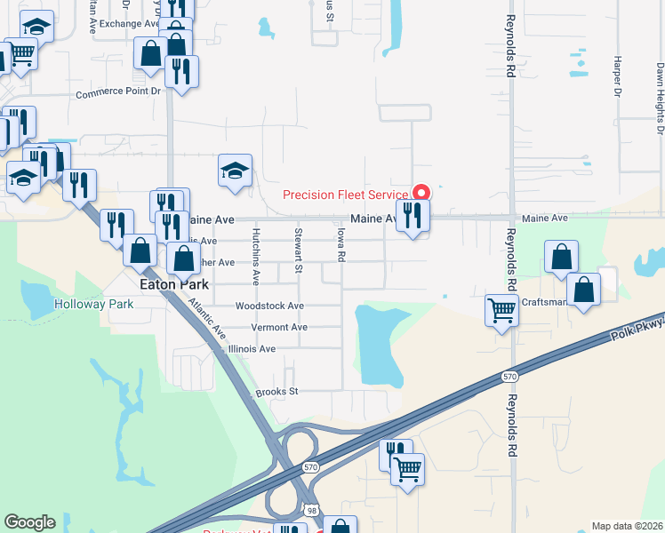map of restaurants, bars, coffee shops, grocery stores, and more near 2939 Fletcher Avenue in Lakeland