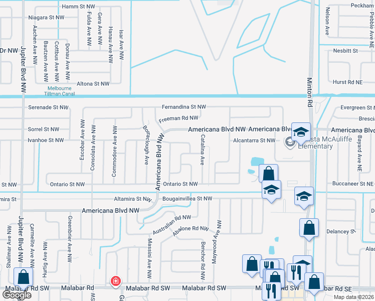 map of restaurants, bars, coffee shops, grocery stores, and more near 407 Albenga Road Northwest in Palm Bay
