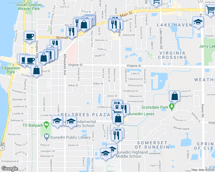 map of restaurants, bars, coffee shops, grocery stores, and more near 656 Manor Drive West in Dunedin