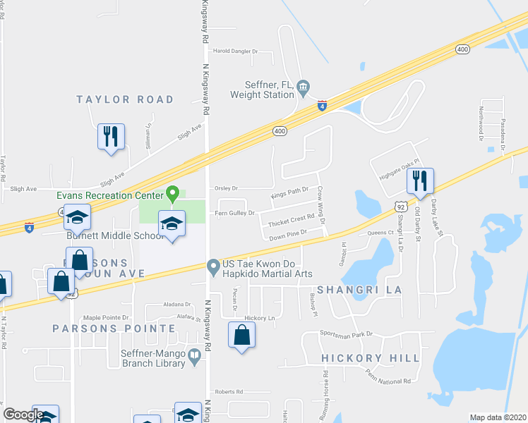 map of restaurants, bars, coffee shops, grocery stores, and more near 306 Fern Gulley Drive in Seffner