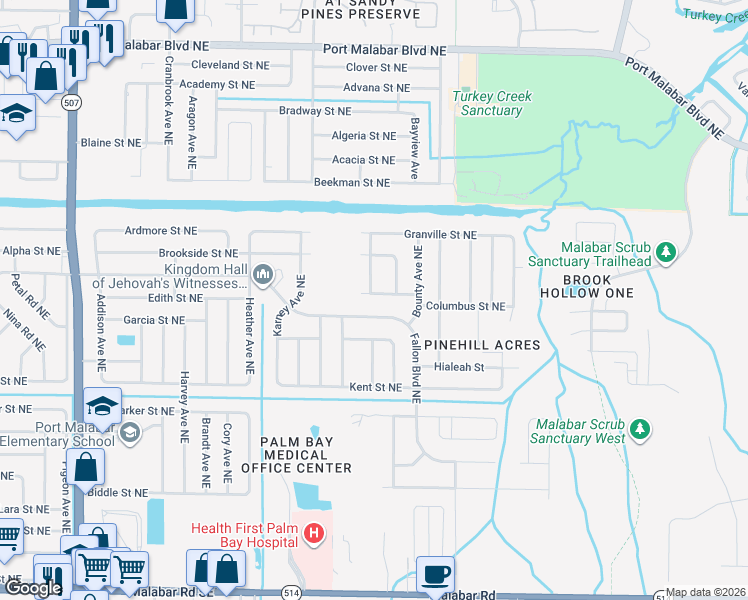 map of restaurants, bars, coffee shops, grocery stores, and more near 2162 Dickens Street Northeast in Palm Bay