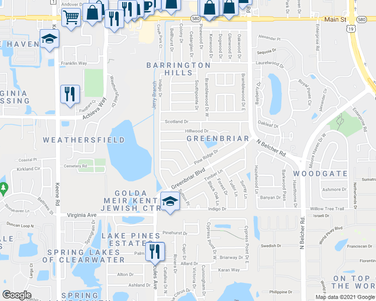 map of restaurants, bars, coffee shops, grocery stores, and more near 2049 Fair Oak Drive in Clearwater