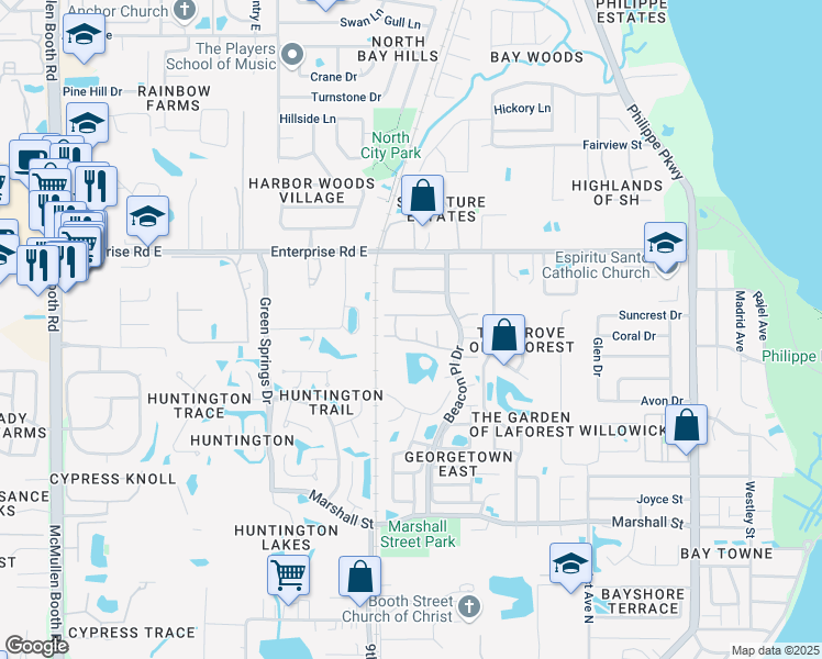 map of restaurants, bars, coffee shops, grocery stores, and more near 2364 Newburg Lane in Safety Harbor