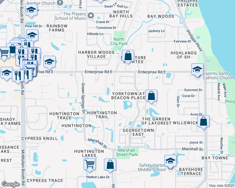 map of restaurants, bars, coffee shops, grocery stores, and more near 647 Yorkshire in Safety Harbor