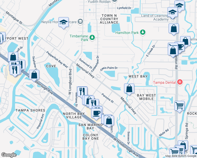 map of restaurants, bars, coffee shops, grocery stores, and more near 10215 Villa Palazzo Court in Tampa