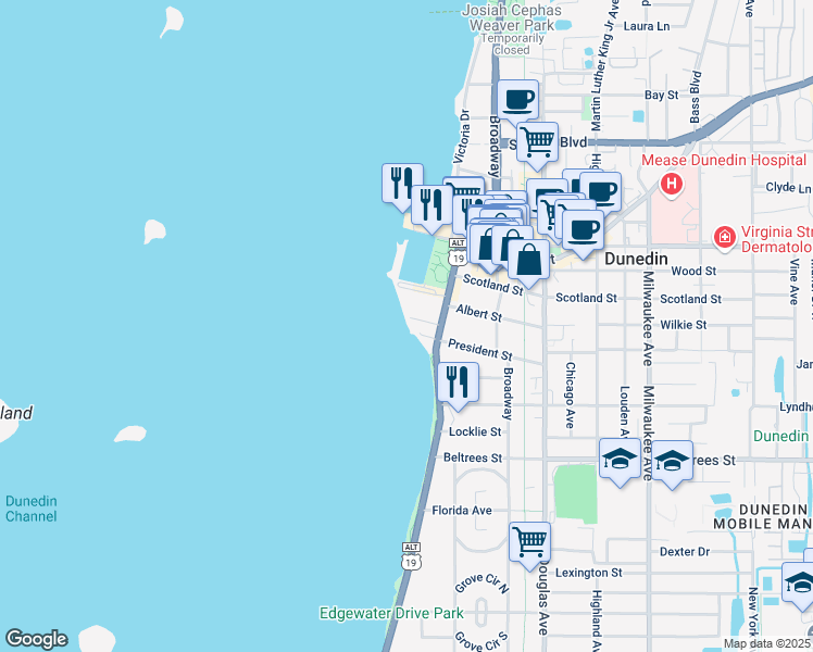 map of restaurants, bars, coffee shops, grocery stores, and more near 600 Edgewater Drive in Dunedin
