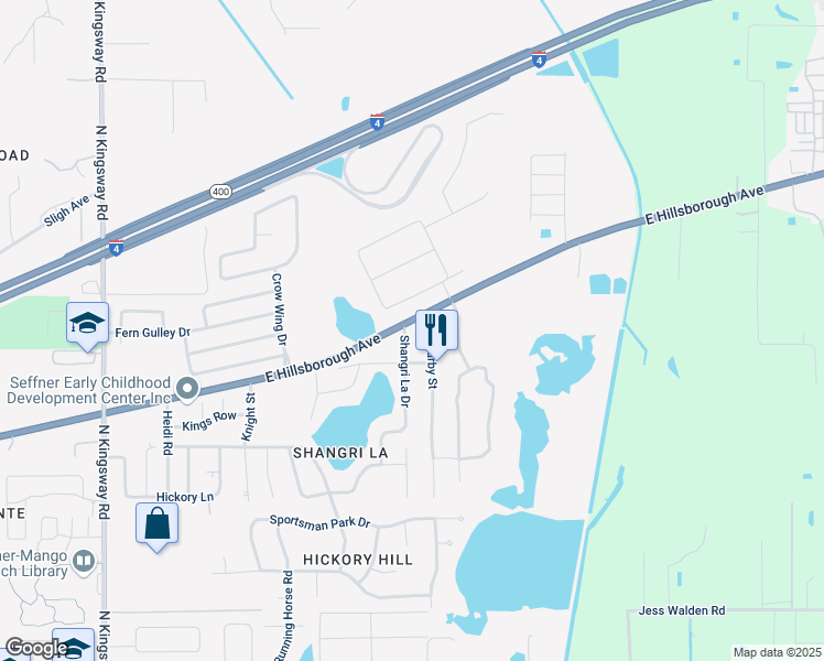 map of restaurants, bars, coffee shops, grocery stores, and more near 1009 Shangri La Drive in Seffner