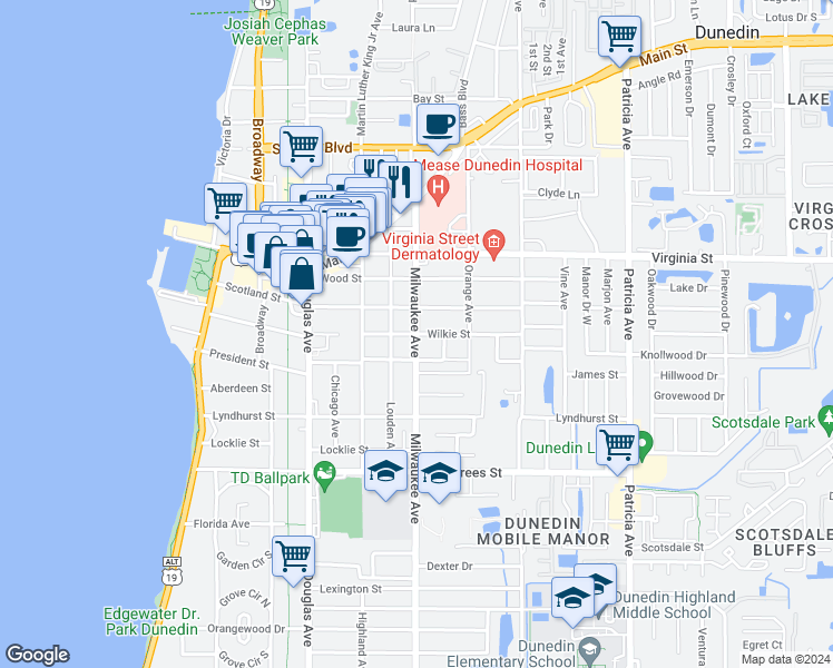 map of restaurants, bars, coffee shops, grocery stores, and more near 600 Wilkie Street in Dunedin