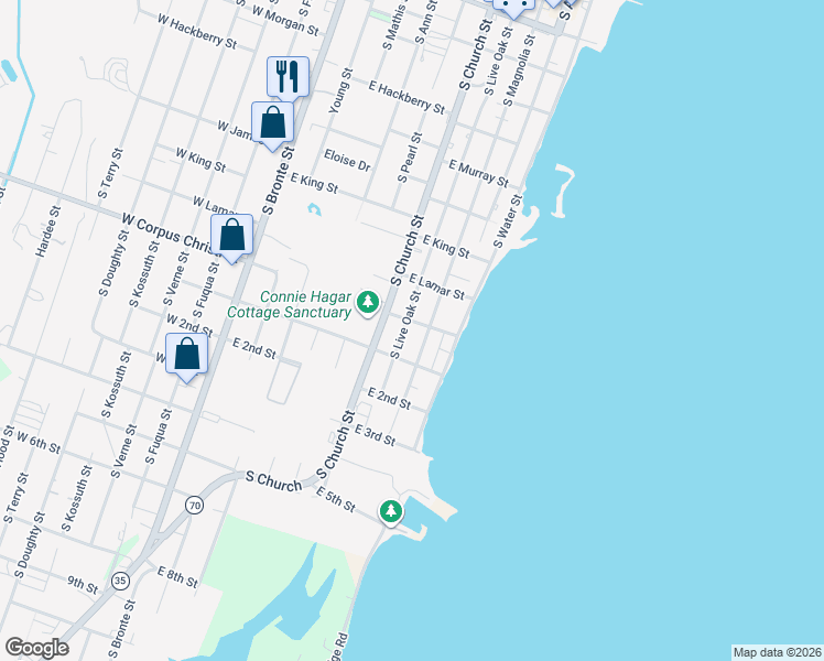 map of restaurants, bars, coffee shops, grocery stores, and more near 1408 South Live Oak Street in Rockport