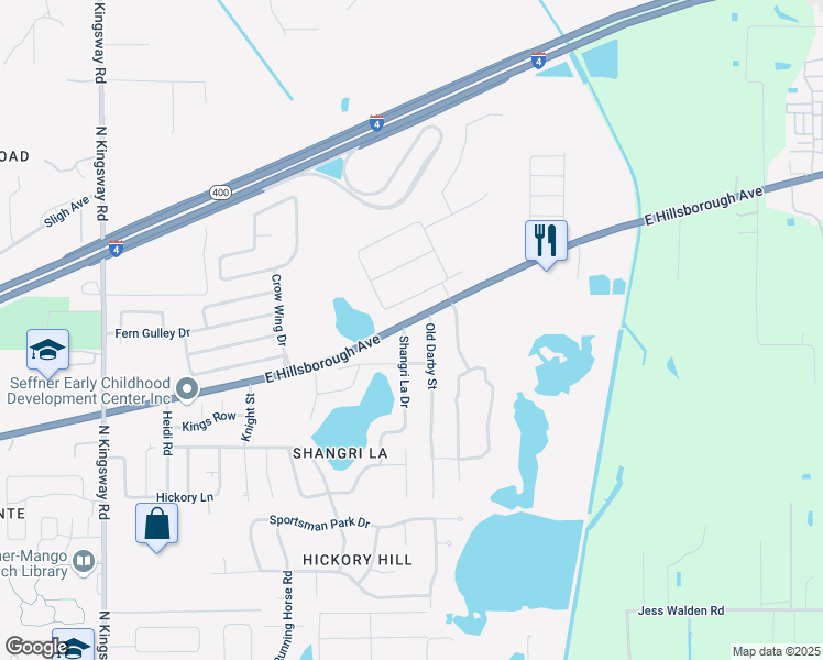 map of restaurants, bars, coffee shops, grocery stores, and more near 1009 Shangri La Drive in Seffner